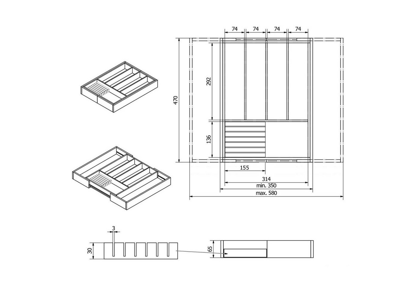 SO-TECH® Besteckeinsatz ORGA-BOX® Universal Bambus Besteckkasten verstellbar (1 St), 5-7 Fächer, Breite 350 - 580 x Tiefe 470 mm mit Messerblock – Bild 5 von 5