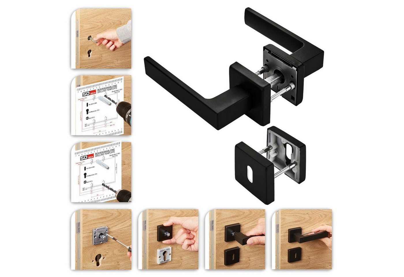 SO-TECH® Drückergarnitur Türdrücker CUBE schwarz 120 x 22 mm Vierkant 8 x 8 mm, Buntbart Türgarnitur für Zimmertür Rosettengarnitur – Bild 3 von 5