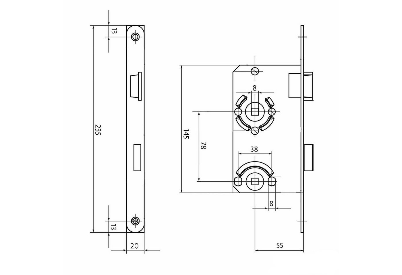 SO-TECH® Einsteckschloss Türschloss Dornmaß 55 mm Zimmertürschloss, WC-Schloss, Klasse 1, Stulp 20 mm von BKS – Bild 3 von 4