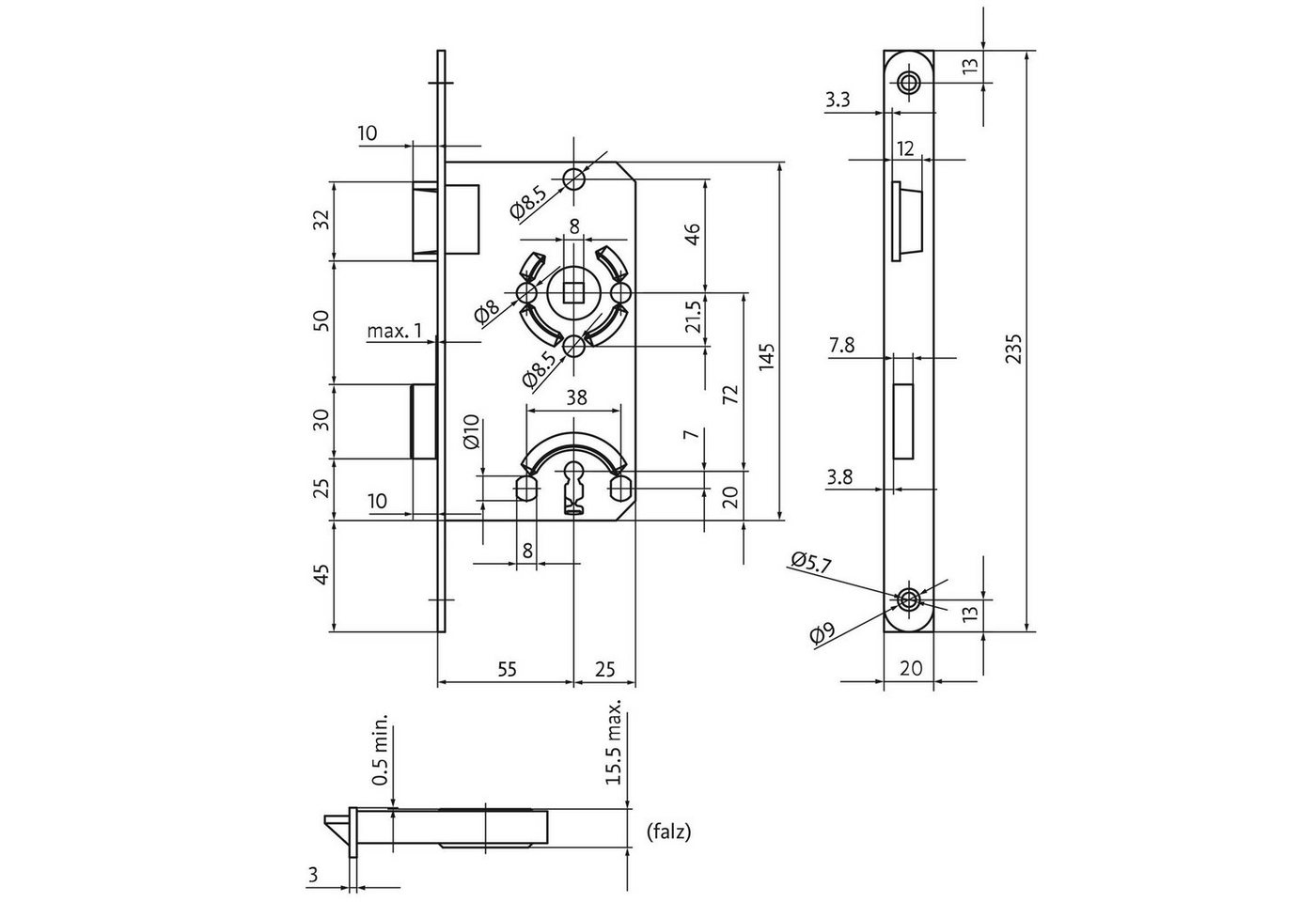 SO-TECH® Einsteckschloss Türschloss Dornmaß 55 mm Zimmertürschloss, Buntbart, Klasse 1, Stulp 20 mm von BKS – Bild 3 von 4