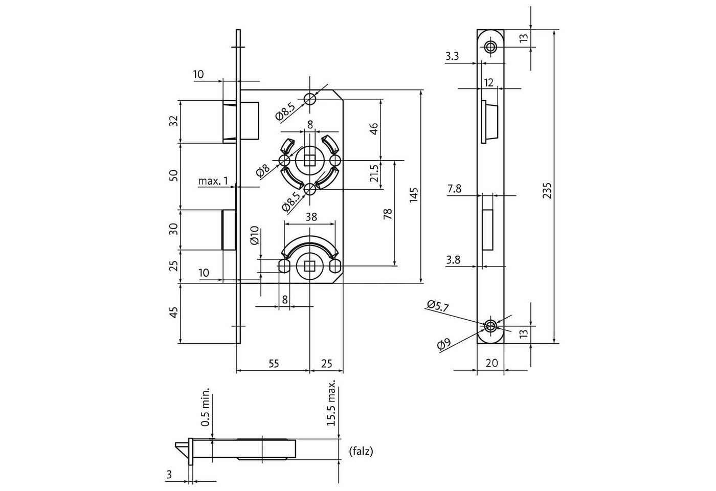 SO-TECH® Einsteckschloss Türschloss Dornmaß 55 mm Zimmertürschloss, WC-Schloss, Klasse 1, Stulp 20 mm von BKS – Bild 3 von 4