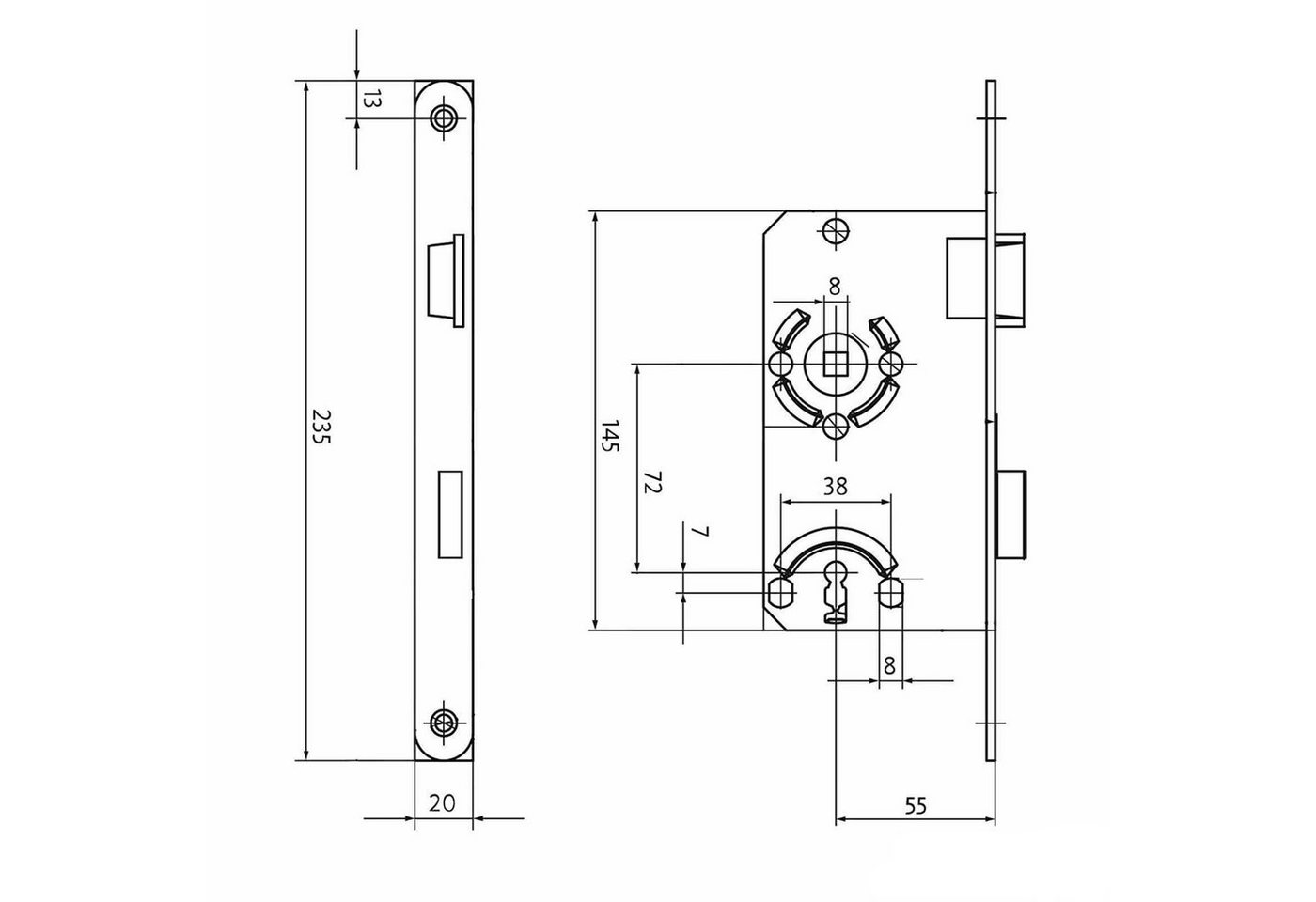 SO-TECH® Einsteckschloss Türschloss Dornmaß 55 mm Zimmertürschloss, Buntbart, Klasse 1, Stulp 20 mm von BKS – Bild 3 von 4