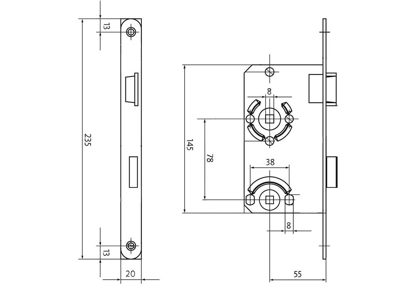 SO-TECH® Einsteckschloss Türschloss wahlweise Buntbart, WC oder Profilzylinder, Rechts, WC, Dornmaß 55, St. 20r, 2150050 – Bild 2 von 4