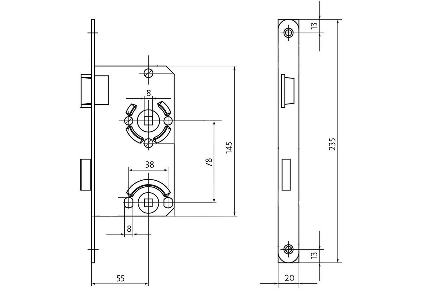 SO-TECH® Einsteckschloss Türschloss wahlweise Buntbart, WC oder Profilzylinder, Links, WC, Dornmaß 55, St. 20r, 2150049 – Bild 2 von 4