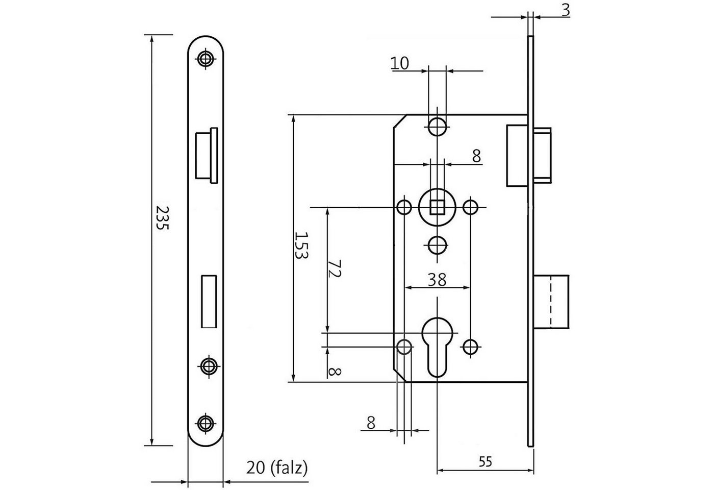 SO-TECH® Einsteckschloss Türschloss wahlweise Buntbart, WC oder Profilzylinder, Rechts, für Profilzylinder PZ, Dornmaß 55, St. 20r, 4150010 – Bild 2 von 4