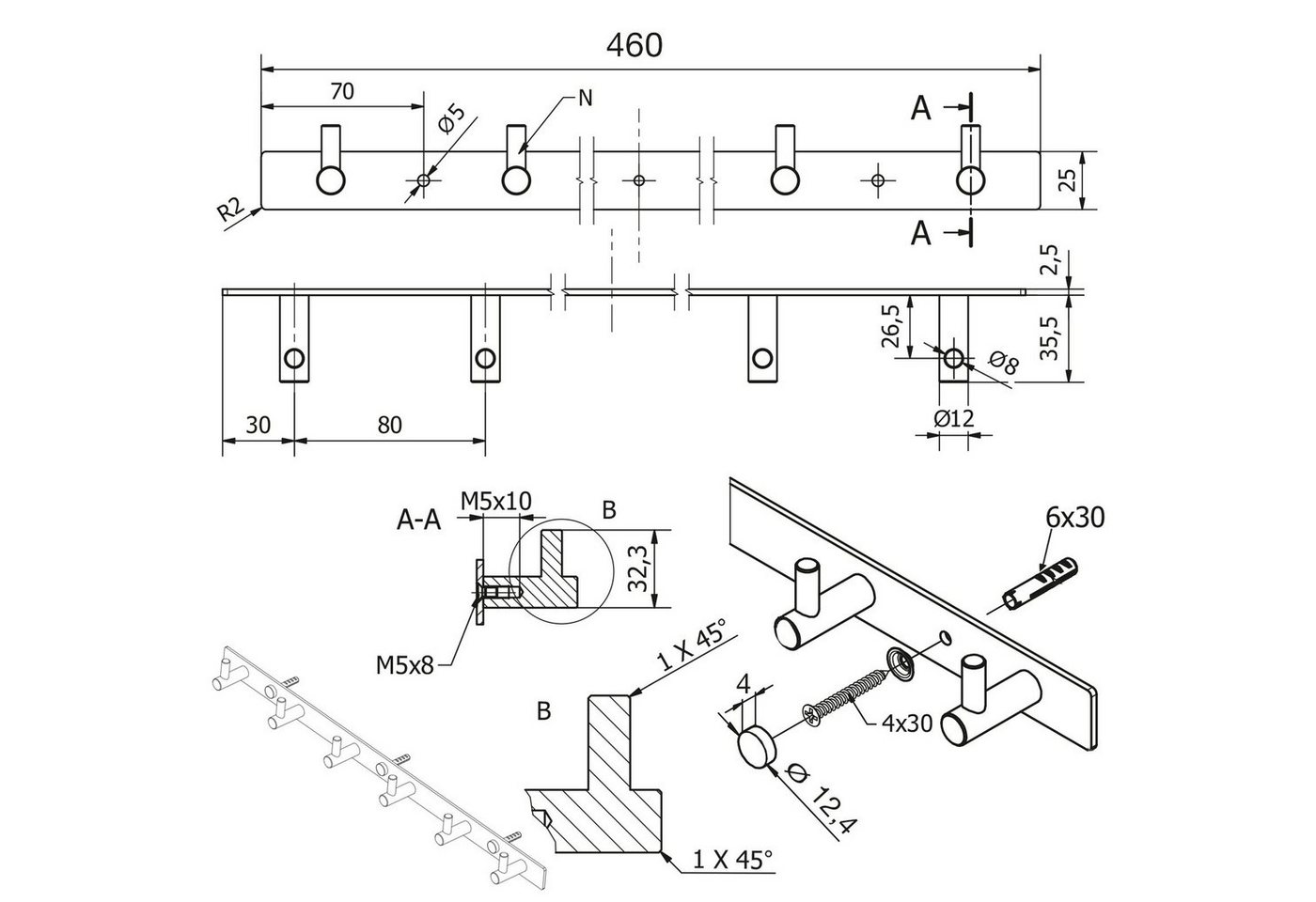 SO-TECH® Garderobenhaken CORA, echt Edelstahl, Hakenleiste für Wandmontage, 6 Haken, Länge 456 mm – Bild 5 von 5