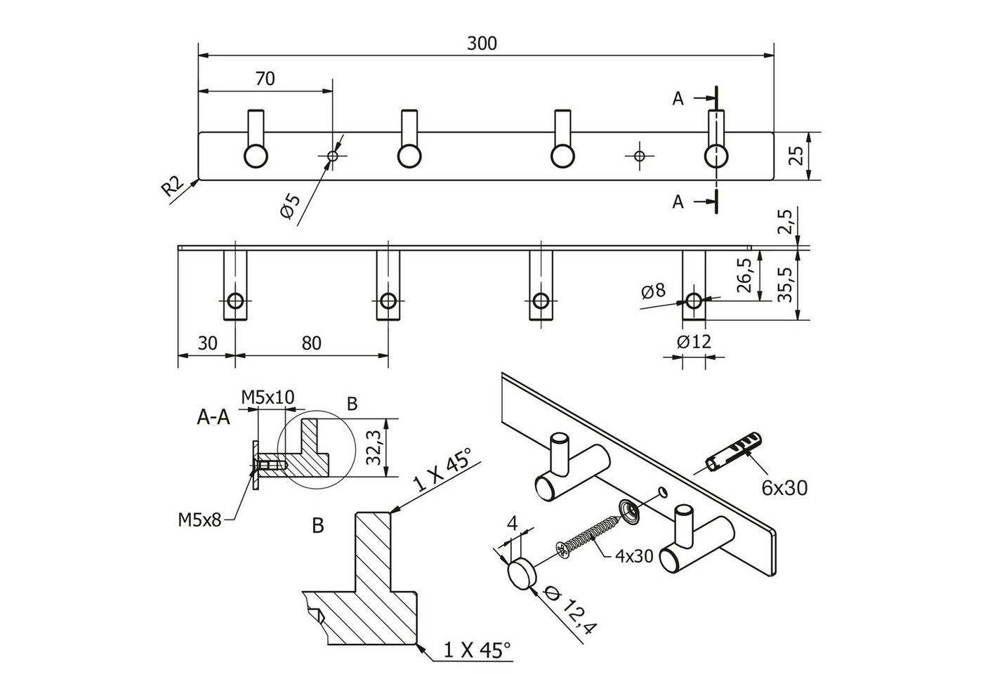 SO-TECH® Garderobenhaken CORA, echt Edelstahl, Hakenleiste für Wandmontage, 4 Haken, Länge 307 mm – Bild 5 von 5