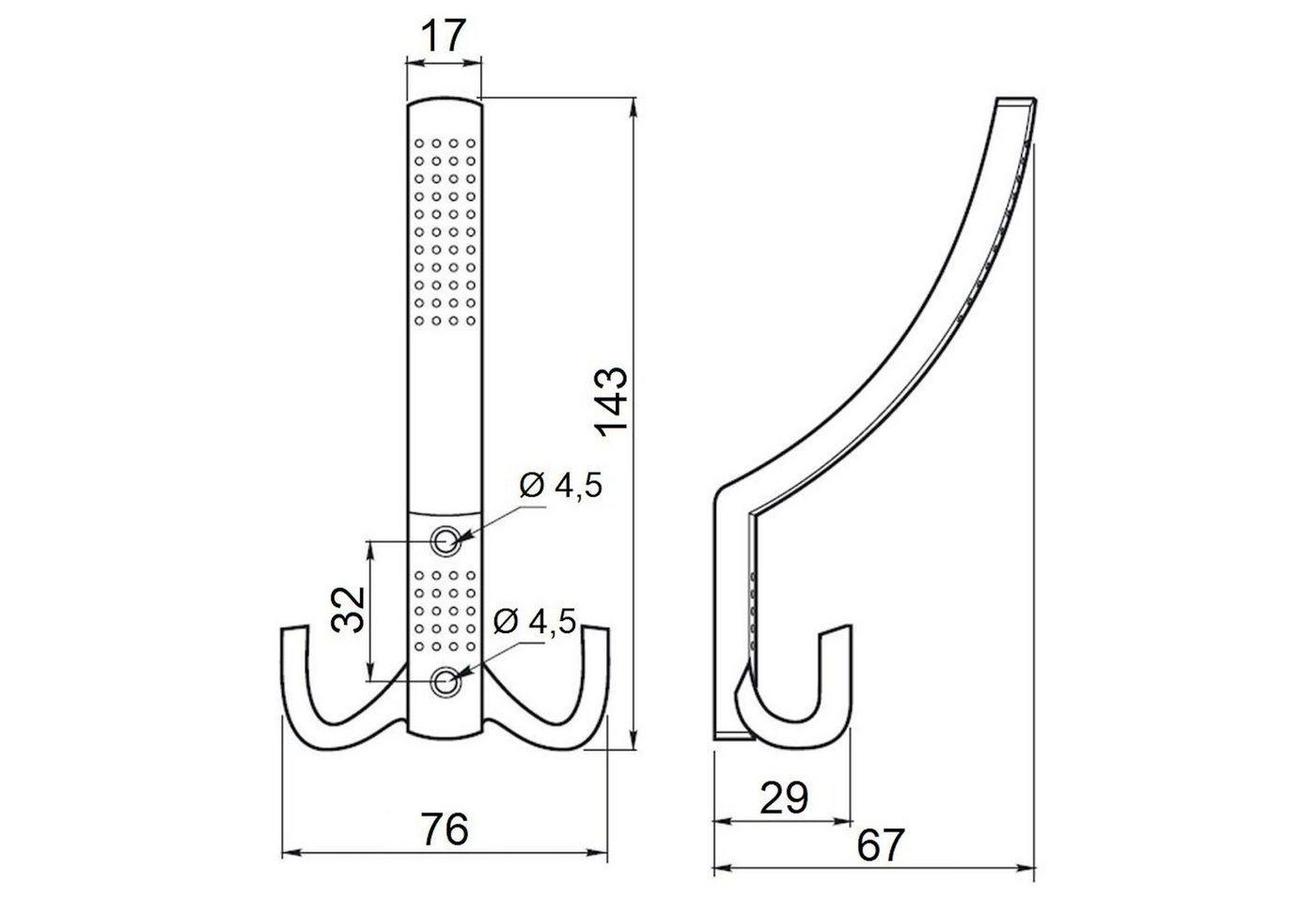 SO-TECH® Garderobenhaken JASMIN, Lochabstand 32 mm (10 St), groß (H x B x T: 143 x 76 x 67 mm), Chrom dunkel – Bild 3 von 4