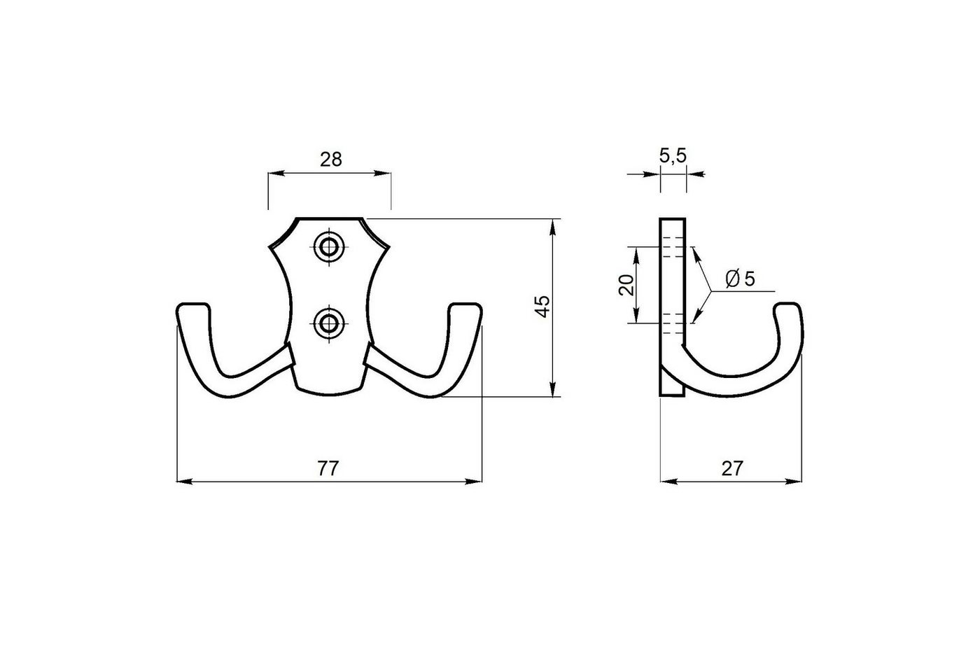 SO-TECH® Garderobenhaken LENA, Lochabstand 20 mm, zwei Größen, Metall massiv, Schwarz, Höhe 48 mm, 2-fach, inkl. Schrauben – Bild 2 von 3