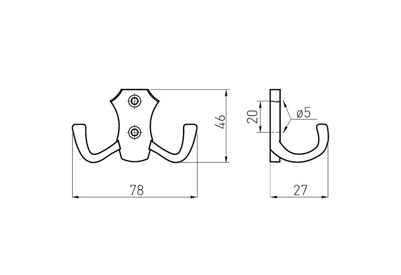 SO-TECH® Garderobenhaken LENA, Lochabstand 20 mm, zwei Größen, Metall massiv, Messingoptik brüniert, Höhe 48 mm, 2-fach, inkl. Schrauben – Bild 2 von 3
