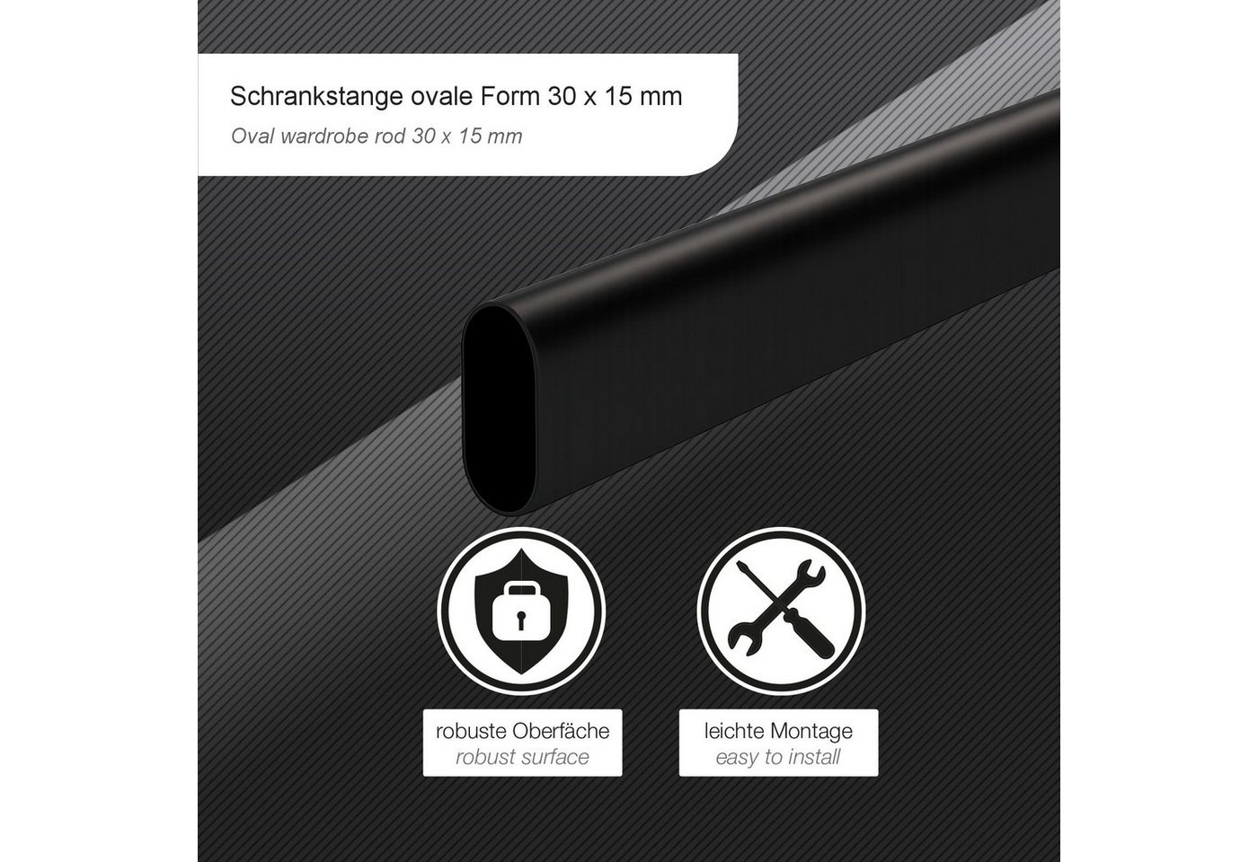 SO-TECH® Garderobenstange ovale Form, 30 x 15 mm, Stahl, schwarz beschichtet, (1 St), Kleiderstange Länge 800 mm – Bild 2 von 5