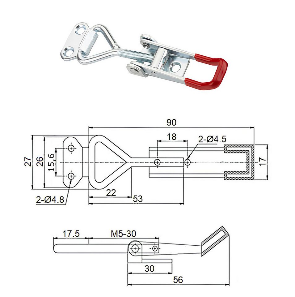 SO-TECH® Kastenriegelschloss Spannverschluss, verstellbarer Schnellspanner, M5 - Haltekraft 165 kg, (2-tlg), M5 (Haltekraft 165 kg) Stahl verzinkt – Bild 3 von 4
