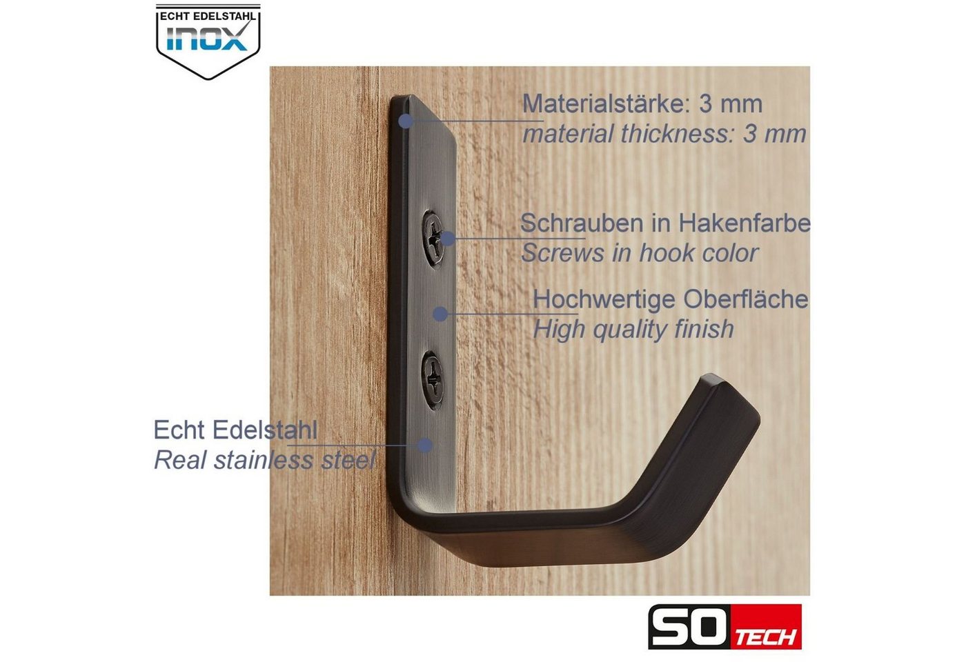 SO-TECH® Kleiderhaken Wandhaken, aus Edelstahl, 60 x 20 x 45 mm, (5-St), kleiner Jackenhaken mit abgerundeten Kanten schwarz – Bild 4 von 5