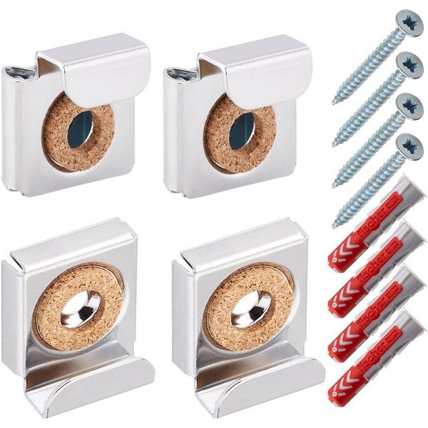SO-TECH® Klemmen Spiegelklammern - Spiegel bis 6 mm Materialstärke, bis 15 kg, Wandabstand 9 mm, 1 Set inkl. Schrauben und FISCHER-Dübel