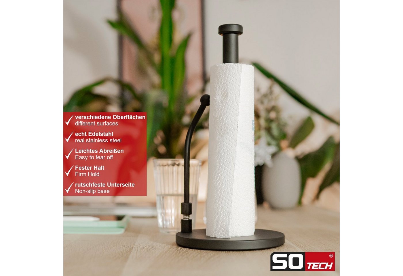 SO-TECH® Küchenrollenhalter Höhe 34 cm, stehend, mit Fixierarm, (1-St), Edelstahl mit schwarzer Oberfläche – Bild 3 von 5