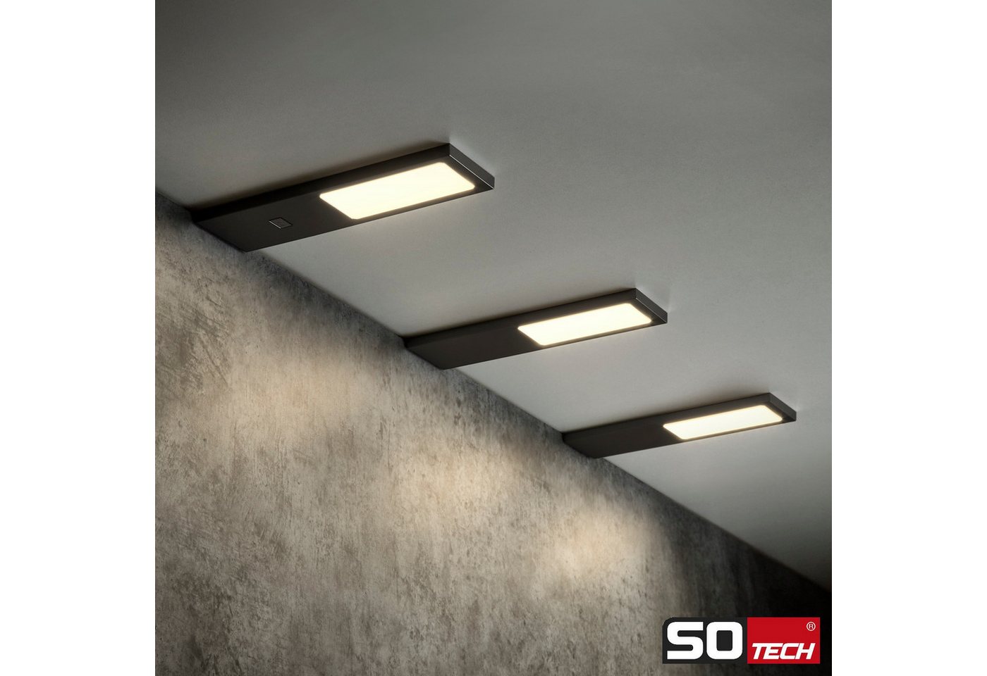 SO-TECH® LED Unterbauleuchte LED Möbelleuchte GIULIA II, stufenlos dimmbar, LED fest integriert, Warmweiß, 3er Set warmweiß mit/ohne Sensor inkl. 33W Trafo, sch – Bild 2 von 5