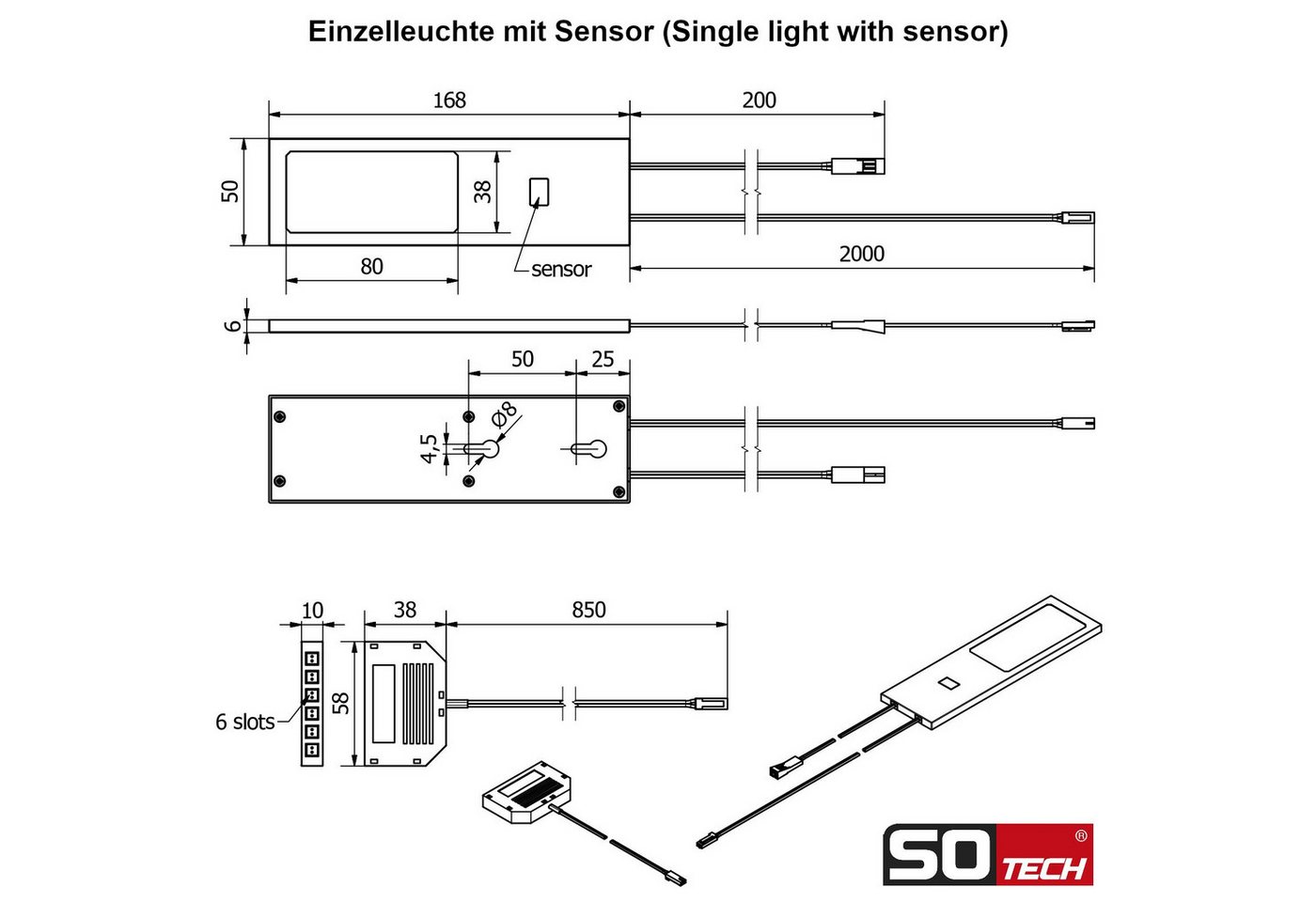 SO-TECH® LED Unterbauleuchte LED Möbelleuchte GIULIA II, stufenlos dimmbar, LED fest integriert, Warmweiß, 3er Set warmweiß mit/ohne Sensor inkl. 33W Trafo, sch – Bild 5 von 5