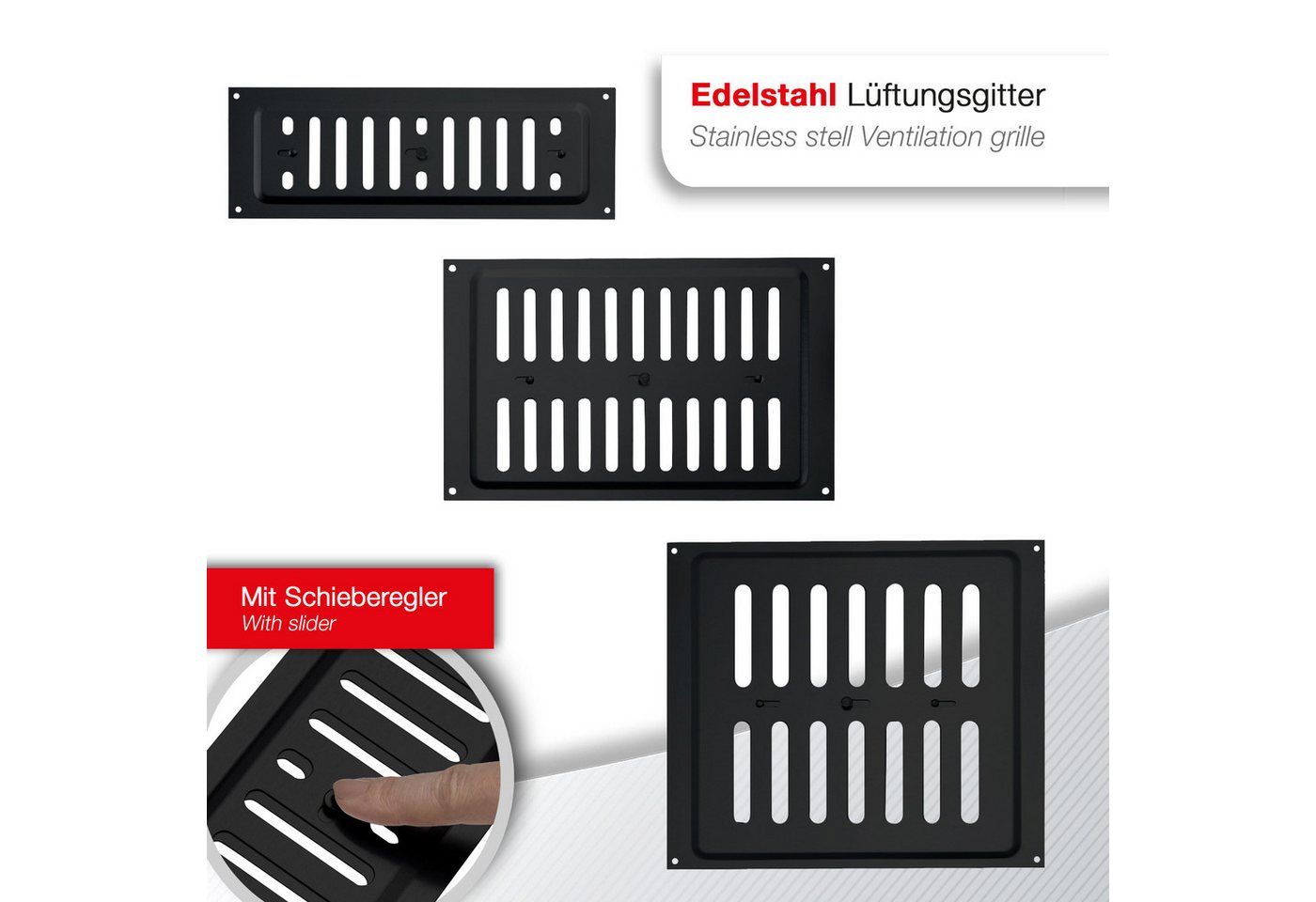 SO-TECH® Lüftungsgitter Belüftungsgitter mit Schiebeverschluss verschließbar (1 St), Edelstahl SS304 schwarz, 260 x 90 mm, Schlitzlochung oval – Bild 2 von 5