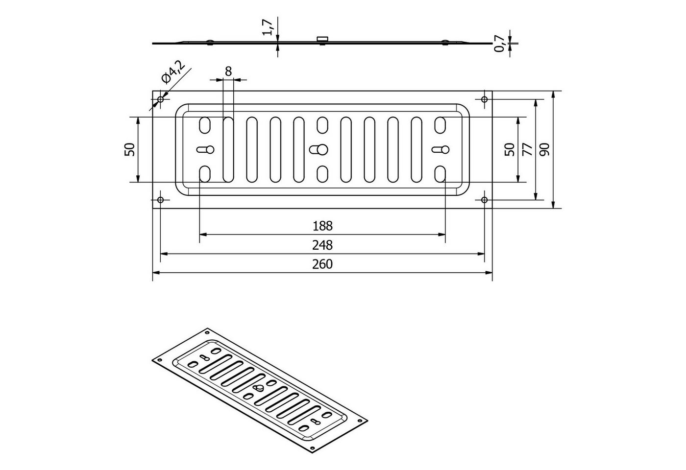 SO-TECH® Lüftungsgitter Belüftungsgitter mit Schiebeverschluss verschließbar (1 St), Edelstahl SS304, 260 x 90 mm, Schlitzlochung oval – Bild 5 von 5