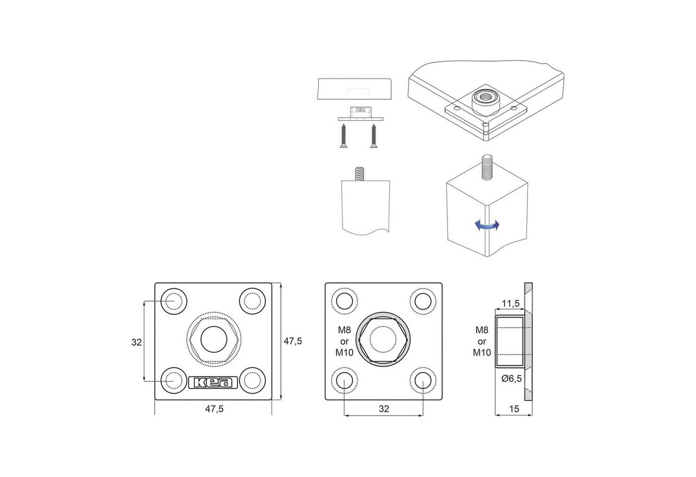 SO-TECH® Möbelbeschlag Tischbeinbeschlag KEA Möbelfußverbinder (1 St), Tischbeinverbinder eckig 47,5x47,5mm für M8-Gewindeschraube – Bild 4 von 5