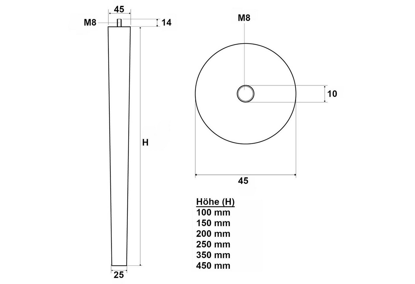 SO-TECH® Möbelfuß 4 Stück Möbelfüße Eiche massiv Ø 45 / 25 mm Höhe: 100-450 mm – Bild 4 von 5