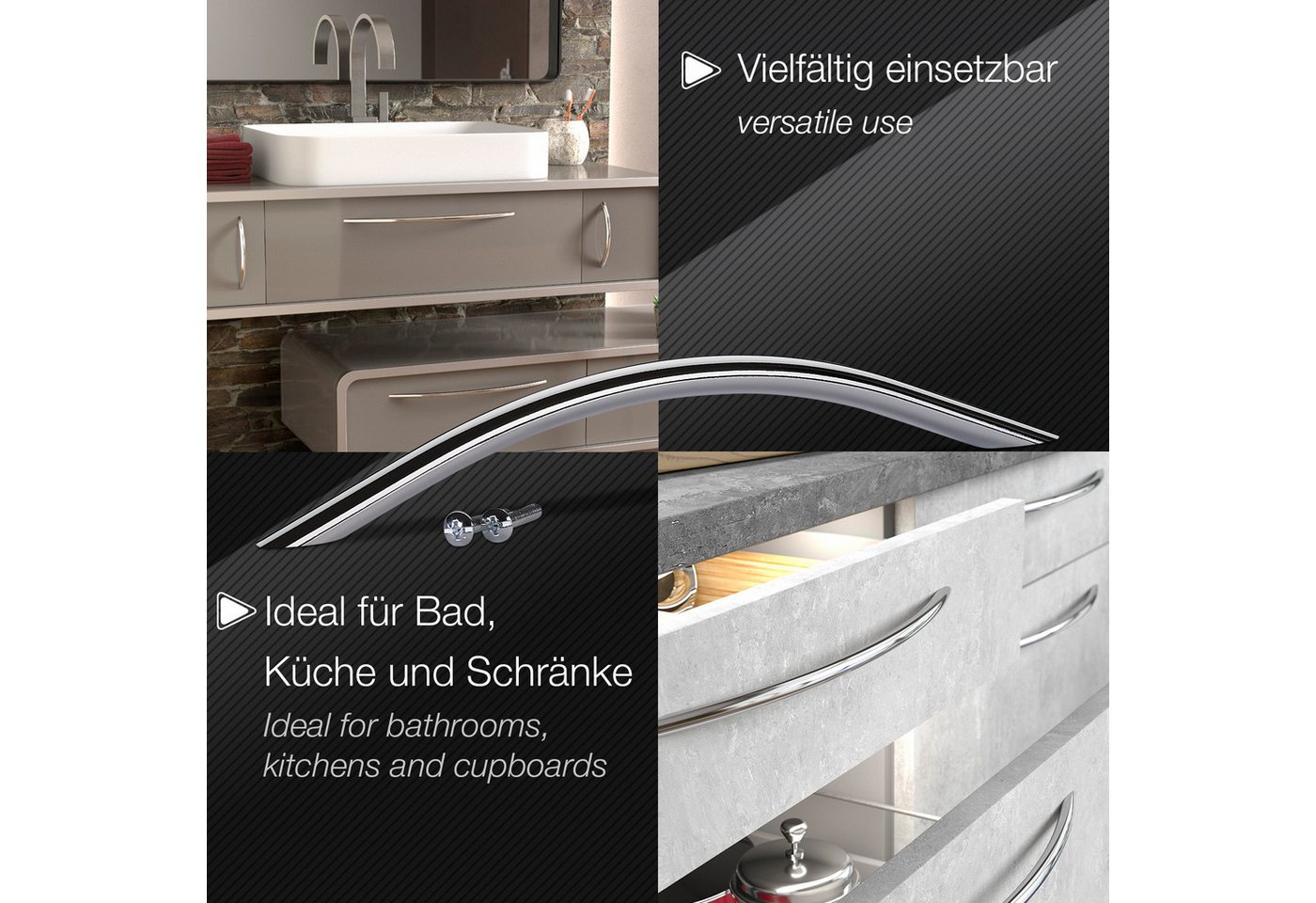 SO-TECH® Möbelgriff Bogengriff BG01, Lochabstand 96 - 352 mm, Lochabstand 96 mm Chrom poliert - inkl. Schrauben – Bild 5 von 5