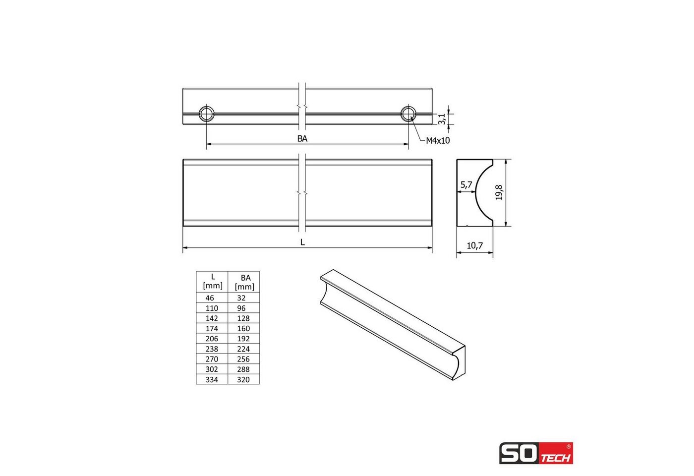 SO-TECH® Möbelgriff Griffleiste GÖTEBORG Aluminium Bohrlochabstände 32 - 320 mm, BA 96 mm Schwarz eloxiert inkl. Schrauben – Bild 4 von 5