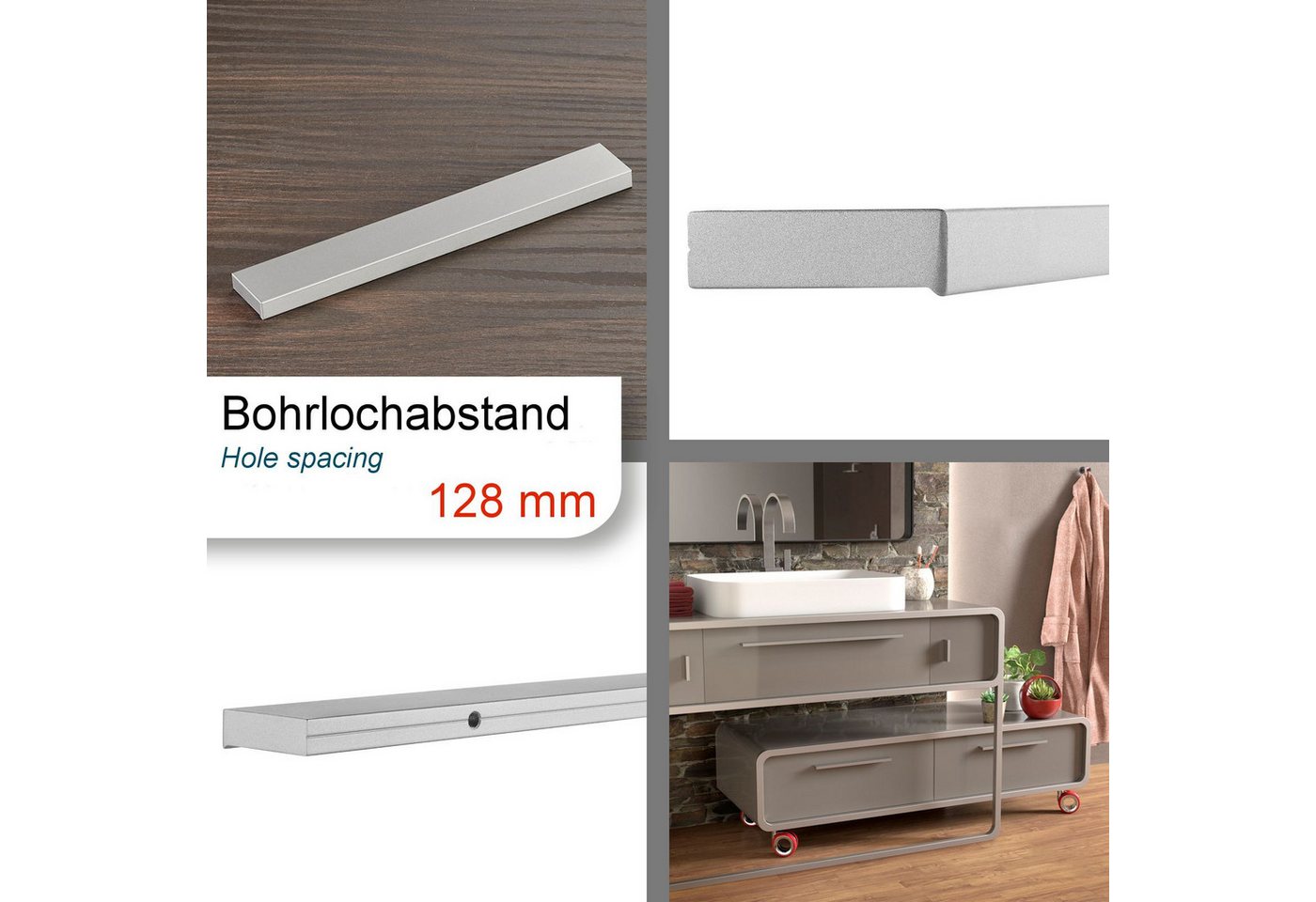SO-TECH® Möbelgriff Griffleiste LineaGrip, Lochabstände 32 - 384 mm (1-St), 1x Edelstahloptik, BA 128 mm, Länge 180 mm, inkl. Schrauben – Bild 5 von 5