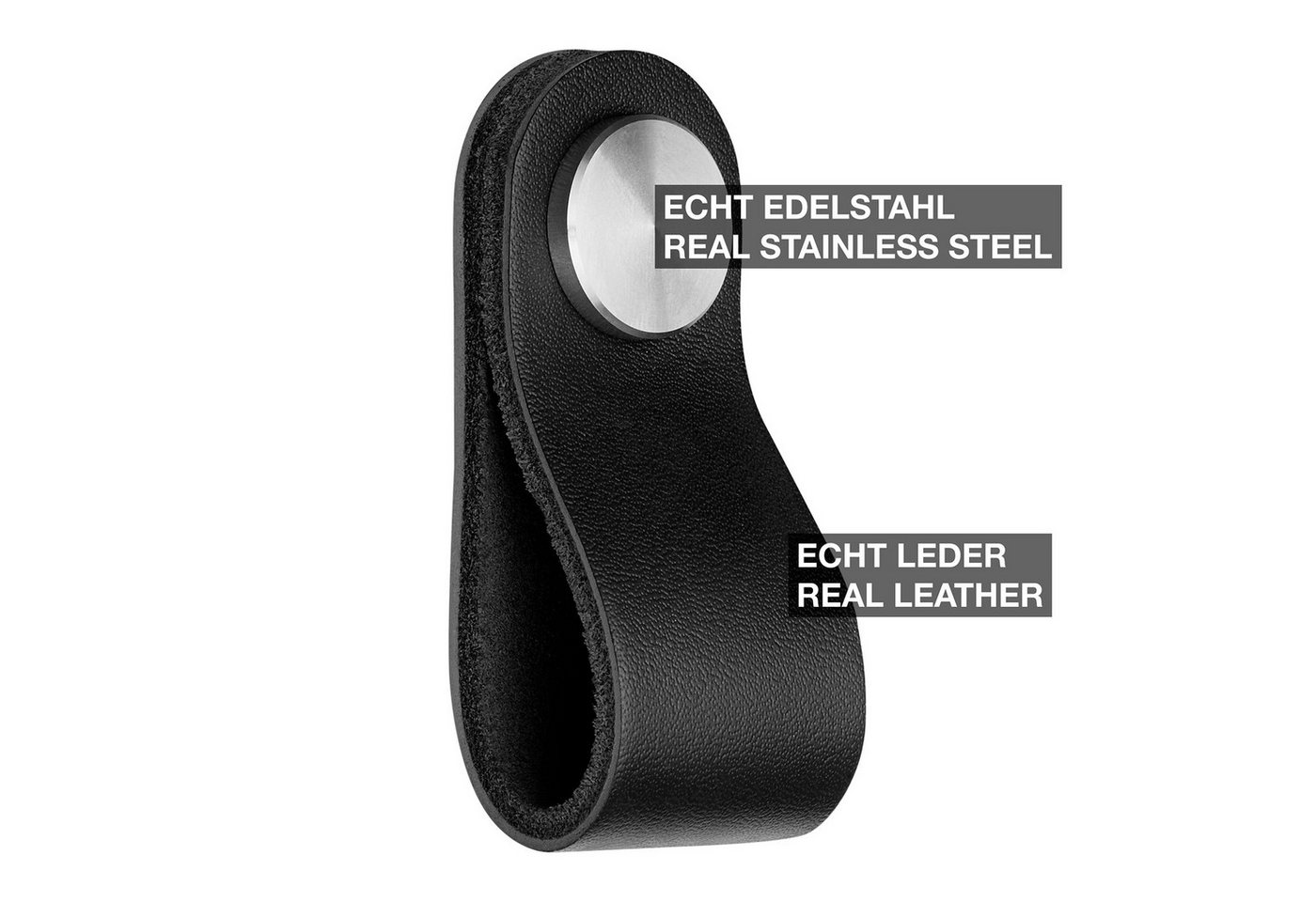 SO-TECH® Möbelgriff OSTERNAS Ledergriff Designgriff echt Rindsleder & Edelstahl (2-St), Möbelknopf Edelstahl / schwarz – Bild 2 von 5