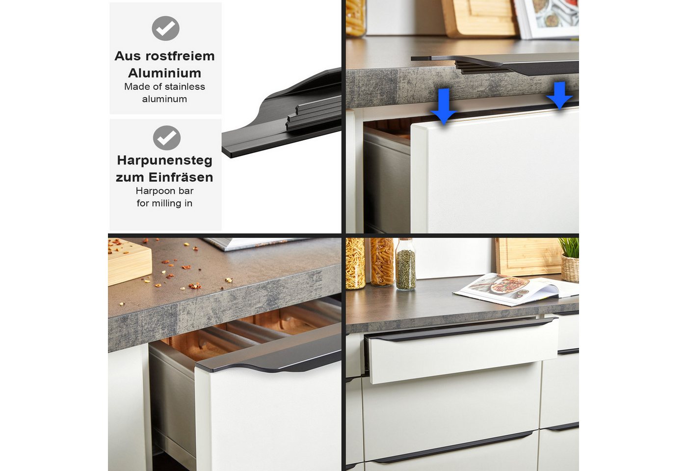 SO-TECH® Möbelgriff Schüco KONTUR Griffleiste mit Harpunensteg-Montage, ZUM EINFRÄSEN Länge 145 mm, Farbe schwarz gebürstet – Bild 2 von 5