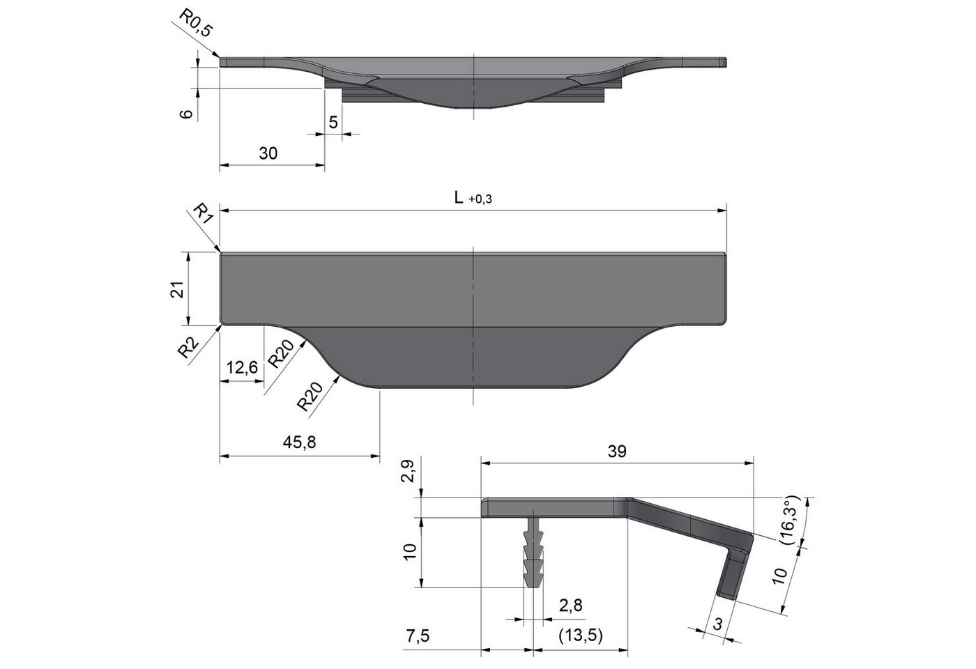 SO-TECH® Möbelgriff Schüco KONTUR Griffleiste mit Harpunensteg-Montage, ZUM EINFRÄSEN Länge 145 mm, Farbe schwarz gebürstet – Bild 5 von 5