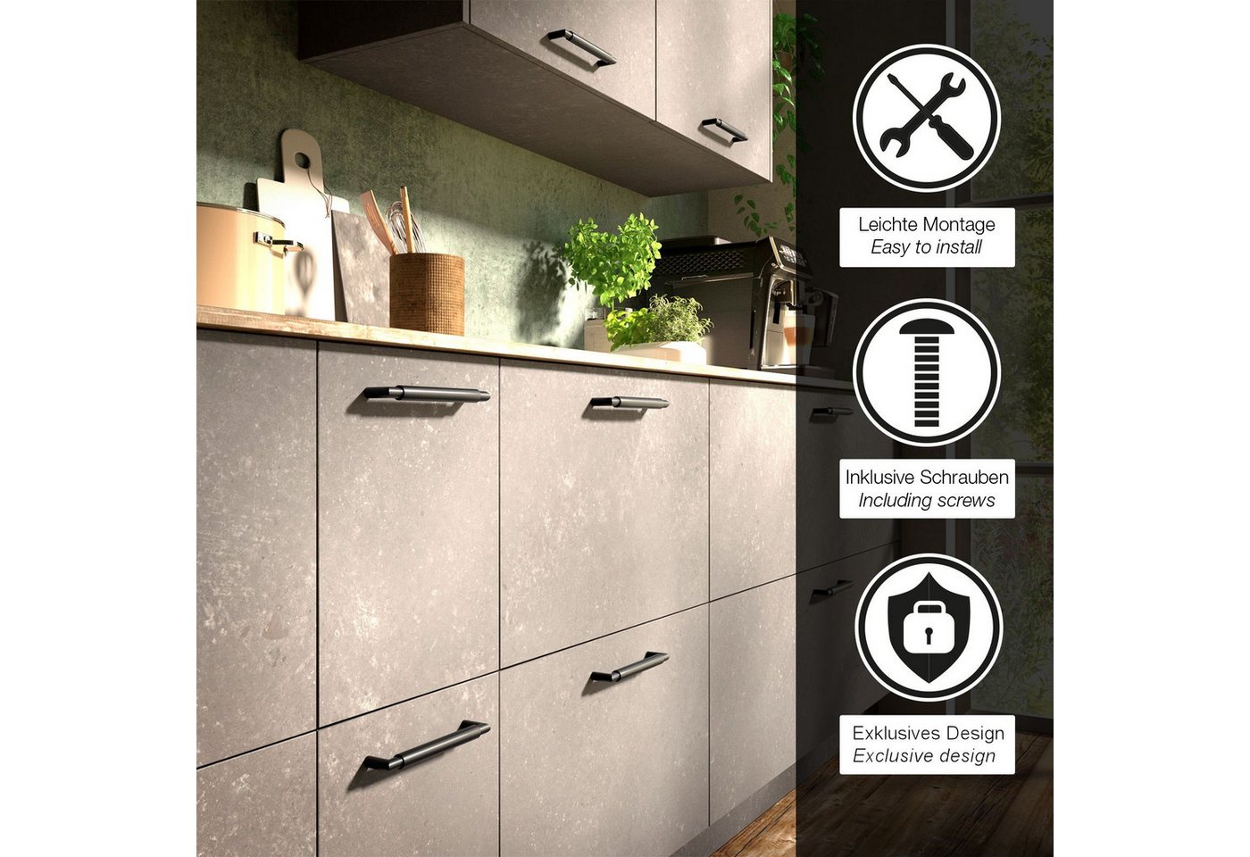 SO-TECH® Möbelgriff Stangengriff E9 echt Edelstahl Ø 16 mm BA 128 - 640 mm (1-St), Bohrlochabstand (BA) 128 mm, schwarz matt, inkl. Schrauben – Bild 2 von 5