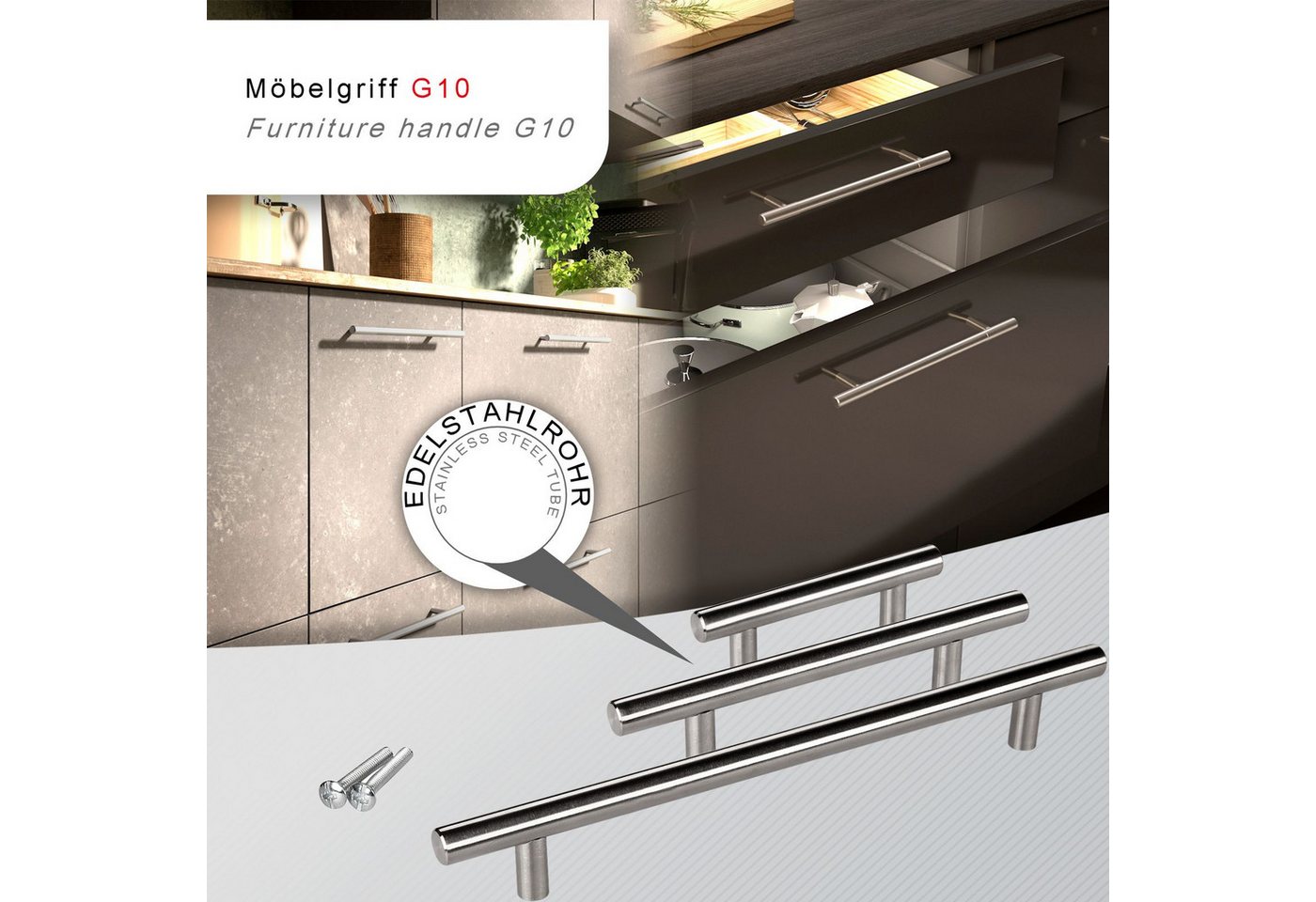 SO-TECH® Möbelgriff Stangengriff G10, echt Edelstahlrohr, Durchmesser 10 mm, Bohrlochabstand (BA) 96 mm - inkl. Schrauben – Bild 5 von 5
