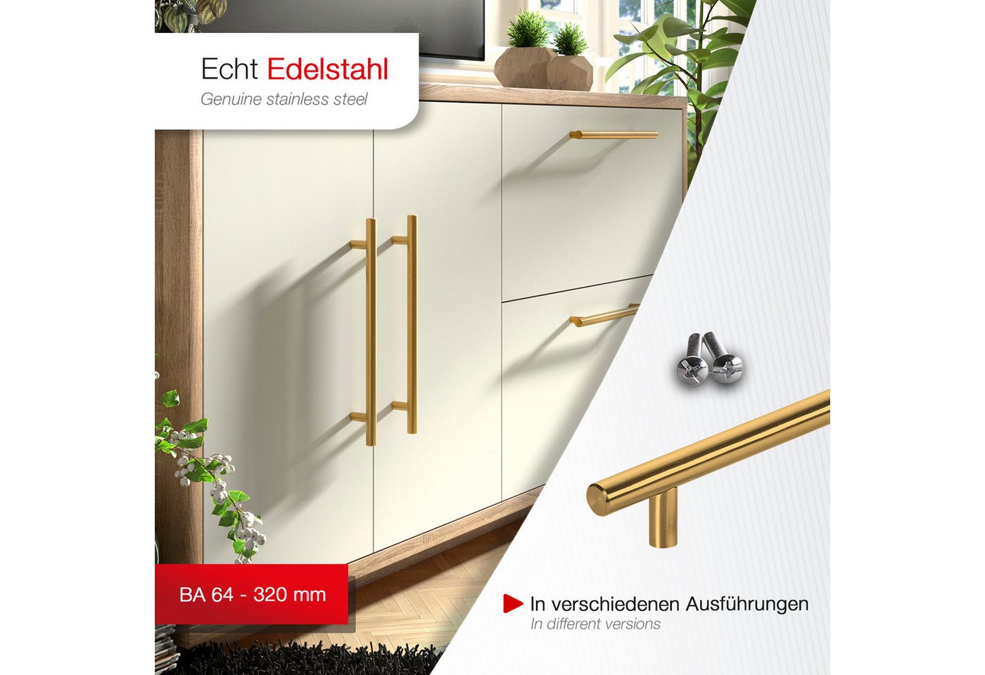 SO-TECH® Möbelgriff Stangengriff G17 echt Edelstahlrohr Ø 12 mm inkl. Schrauben (20-St), Goldfarbig galvanisiert, Bohrlochabstand 64 mm, Schrankgriff – Bild 2 von 5