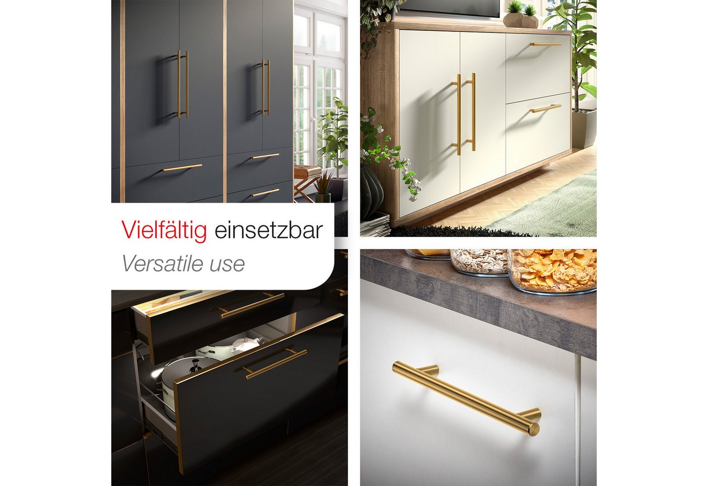 SO-TECH® Möbelgriff Stangengriff G17 echt Edelstahlrohr Ø 12 mm inkl. Schrauben (20-St), Goldfarbig galvanisiert, Bohrlochabstand 64 mm, Schrankgriff – Bild 4 von 5