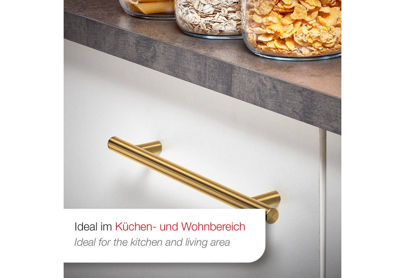 SO-TECH® Möbelgriff Stangengriff G17 echt Edelstahlrohr Ø 12 mm inkl. Schrauben (20-St), Goldfarbig galvanisiert, Bohrlochabstand 64 mm, Schrankgriff – Bild 5 von 5