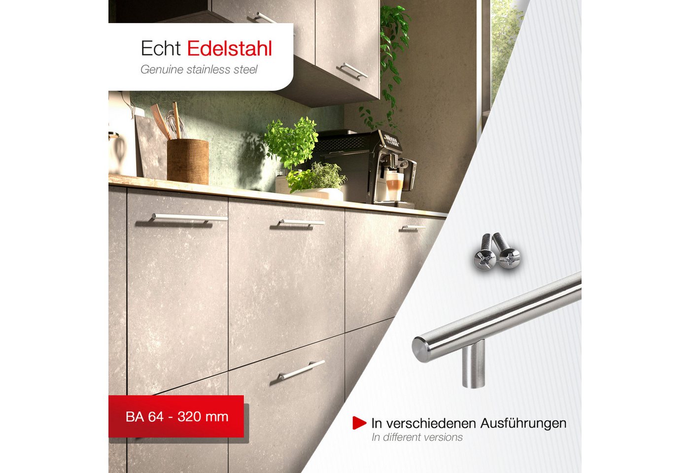 SO-TECH® Möbelgriff Stangengriff G17 echt Edelstahlrohr Ø 12 mm inkl. Schrauben (20-St), Edelstahl gebürstet, Bohrlochabstand 64 mm, Schubladengriff – Bild 2 von 5