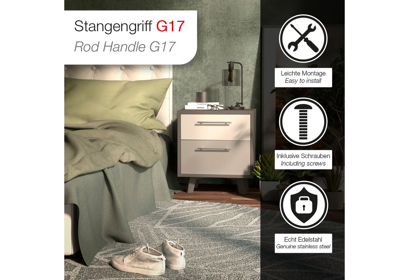 SO-TECH® Möbelgriff Stangengriff G17 echt Edelstahlrohr Ø 12 mm inkl. Schrauben (20-St), Edelstahl gebürstet, Bohrlochabstand 64 mm, Schubladengriff – Bild 3 von 5