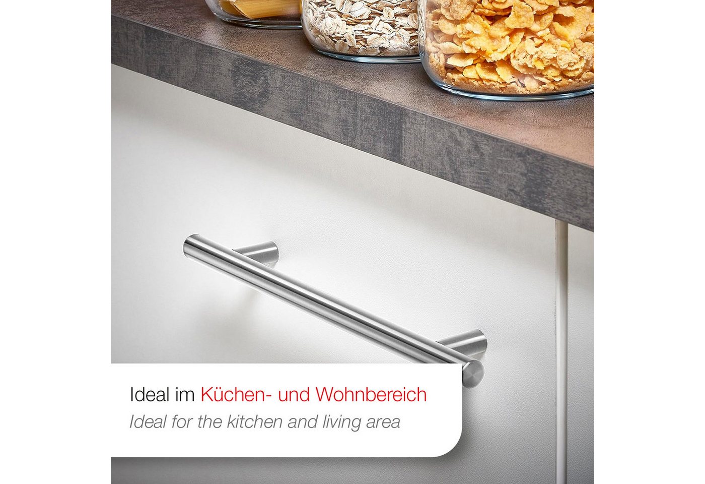 SO-TECH® Möbelgriff Stangengriff G17 echt Edelstahlrohr Ø 12 mm inkl. Schrauben (20-St), Edelstahl gebürstet, Bohrlochabstand 64 mm, Schubladengriff – Bild 5 von 5