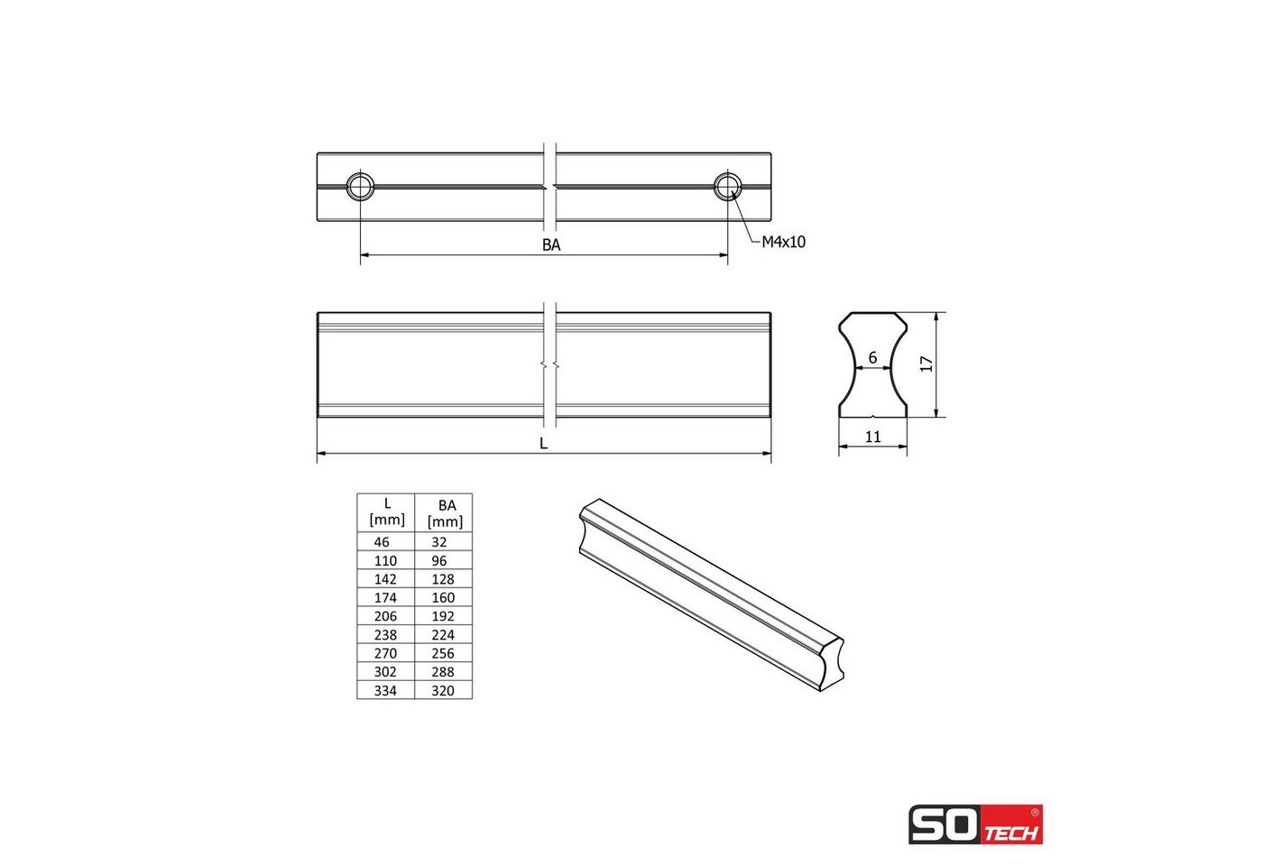 SO-TECH® Möbelgriff STOCKHOLM, Aluminium eloxiert, Lochabstand 32 - 320 mm – Bild 4 von 5