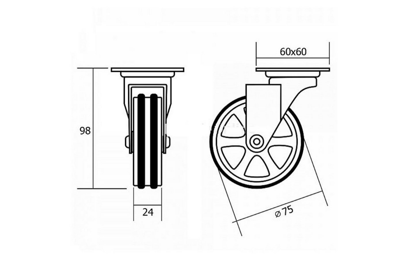 SO-TECH® Möbelrolle Design Möbelrolle BOBBY Ø 75 mm Aluminiumrad Tragkraft bis 5, Tragkraft bis 50 kg mit und ohne Bremse – Bild 3 von 4