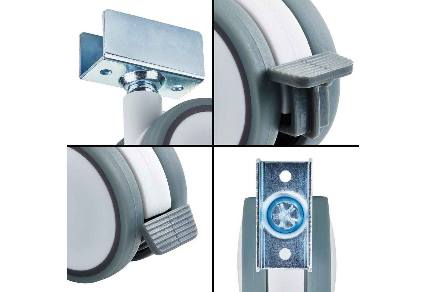 SO-TECH® Möbelrolle Hamm Ø 63 mm, Höhe 74,5 mm, U-Profil für 19 mm Wandstärke, belastbar bis 35 kg je Rolle, mit Bremse, weiß/grau, 4 x – Bild 2 von 5