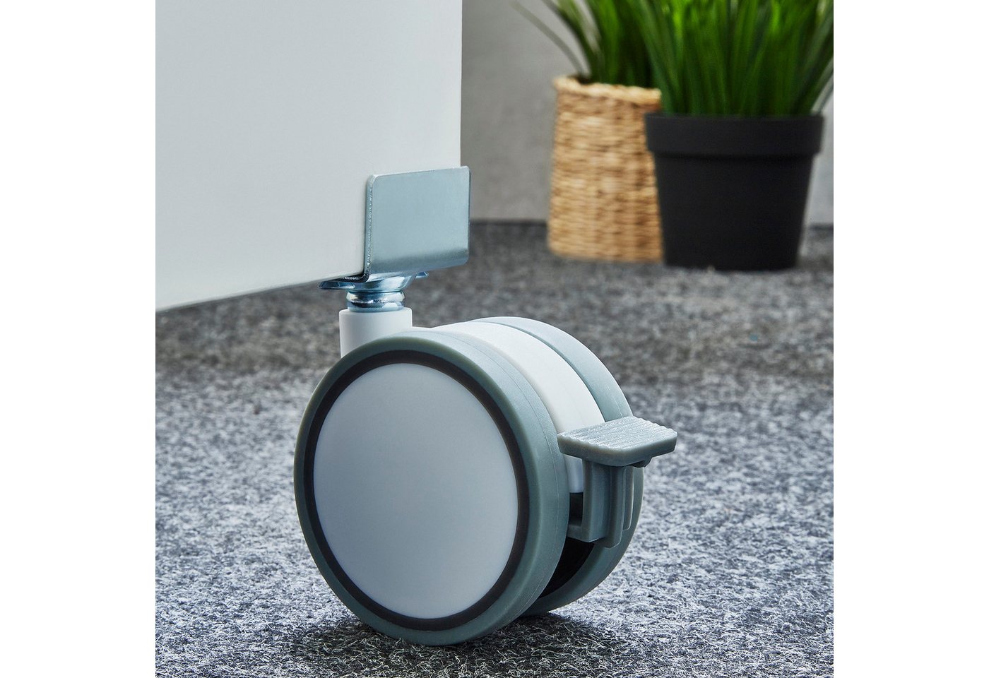 SO-TECH® Möbelrolle Hamm Ø 63 mm, Höhe 74,5 mm, U-Profil für 19 mm Wandstärke, belastbar bis 35 kg je Rolle, mit Bremse, weiß/grau, 4 x – Bild 3 von 5