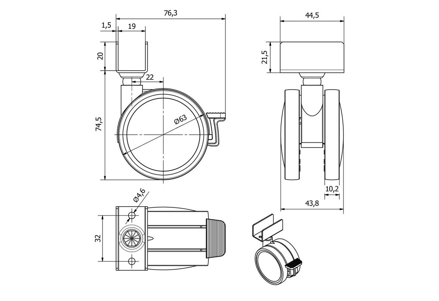 SO-TECH® Möbelrolle Hamm Ø 63 mm, Höhe 74,5 mm, U-Profil für 19 mm Wandstärke, belastbar bis 35 kg je Rolle, mit Bremse, weiß/grau, 4 x – Bild 5 von 5
