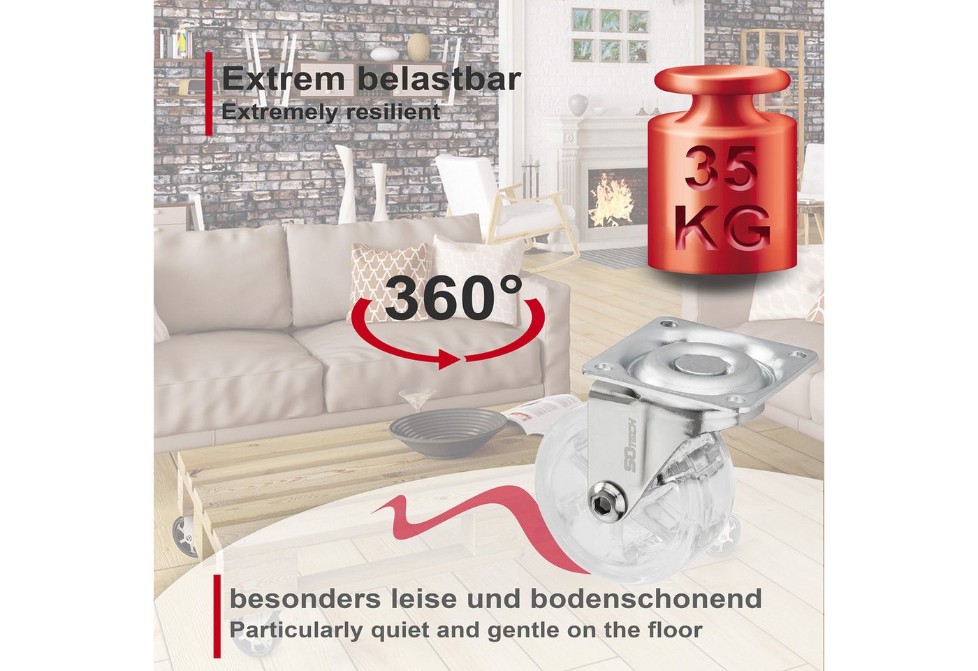 SO-TECH® Möbelrolle Lenkrollen RAPID inkl. Schrauben, belastbar bis 35 kg / St., (Set, 4-St), Durchmesser 50 mm, transparent, ohne Bremse / Feststeller – Bild 3 von 5