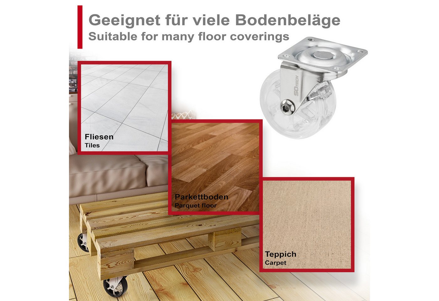 SO-TECH® Möbelrolle Lenkrollen RAPID inkl. Schrauben, belastbar bis 35 kg / St., (Set, 4-St), Durchmesser 50 mm, transparent, ohne Bremse / Feststeller – Bild 4 von 5