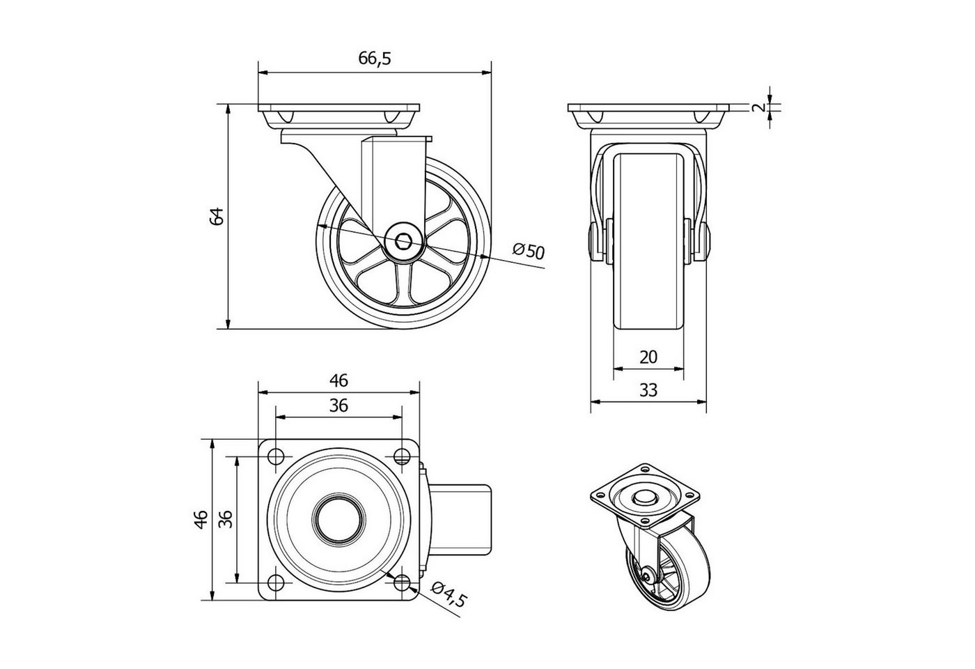 SO-TECH® Möbelrolle Lenkrollen RAPID inkl. Schrauben, belastbar bis 35 kg / St., (Set, 4-St), Durchmesser 50 mm, transparent, ohne Bremse / Feststeller – Bild 5 von 5