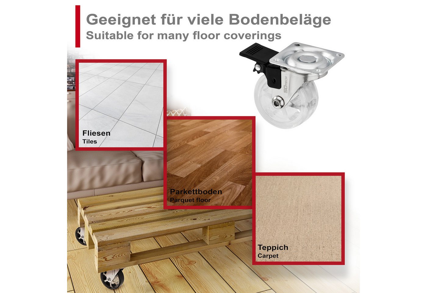 SO-TECH® Möbelrolle Lenkrollen RAPID inkl. Schrauben, belastbar bis 35 kg / St., (Set, 4-St), Durchmesser 50 mm, transparent, mit / ohne Bremse / Feststeller – Bild 5 von 5