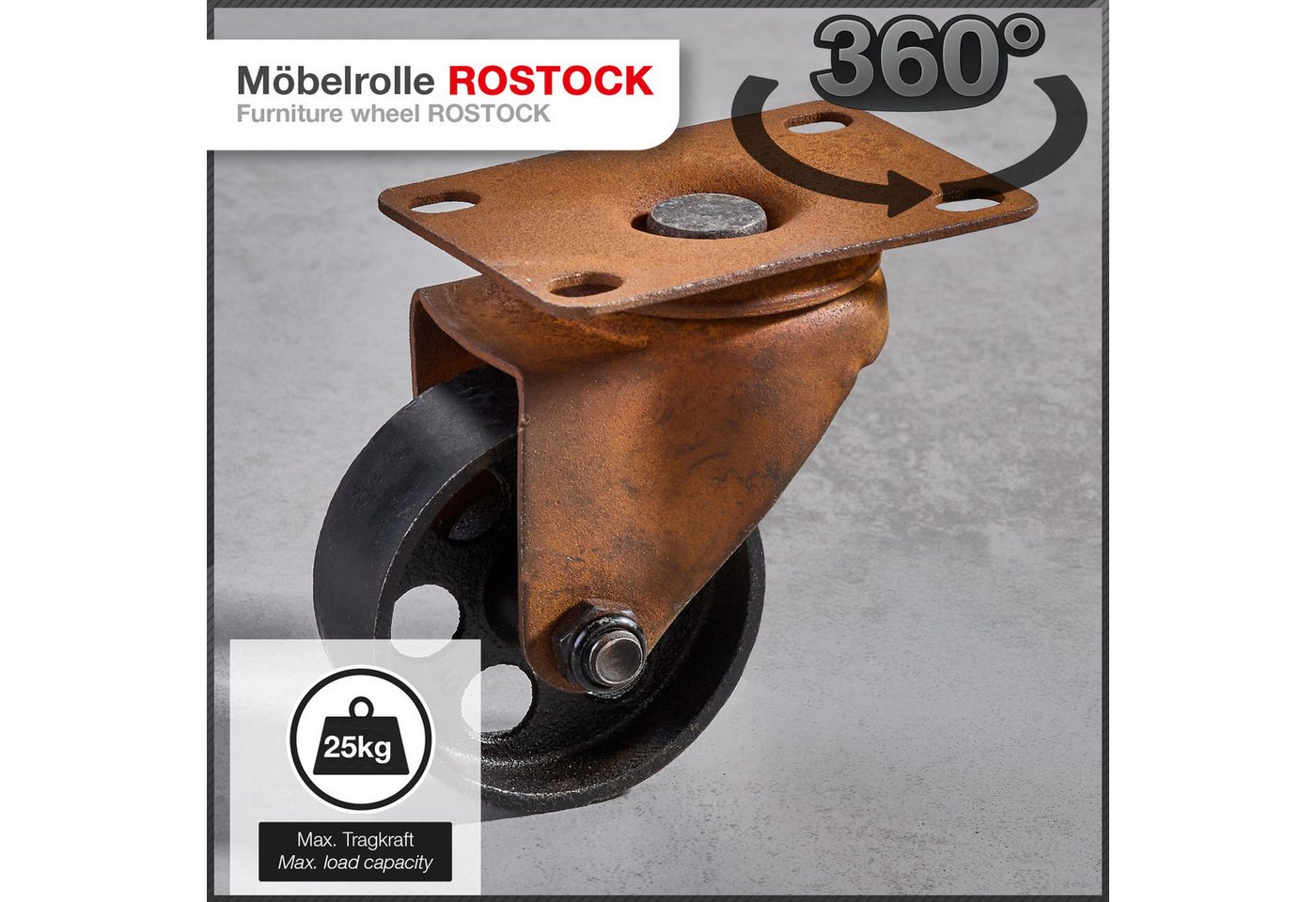 SO-TECH® Möbelrolle ROSTOCK Ø 70 mm Antik Rostoptik, 360° drehbar, ohne Bremse, (4-St., Spar-Set), Stahl, Höhe 97 mm, Breite 58 mm, bis 25 kg Tragkraft / Rolle – Bild 2 von 5