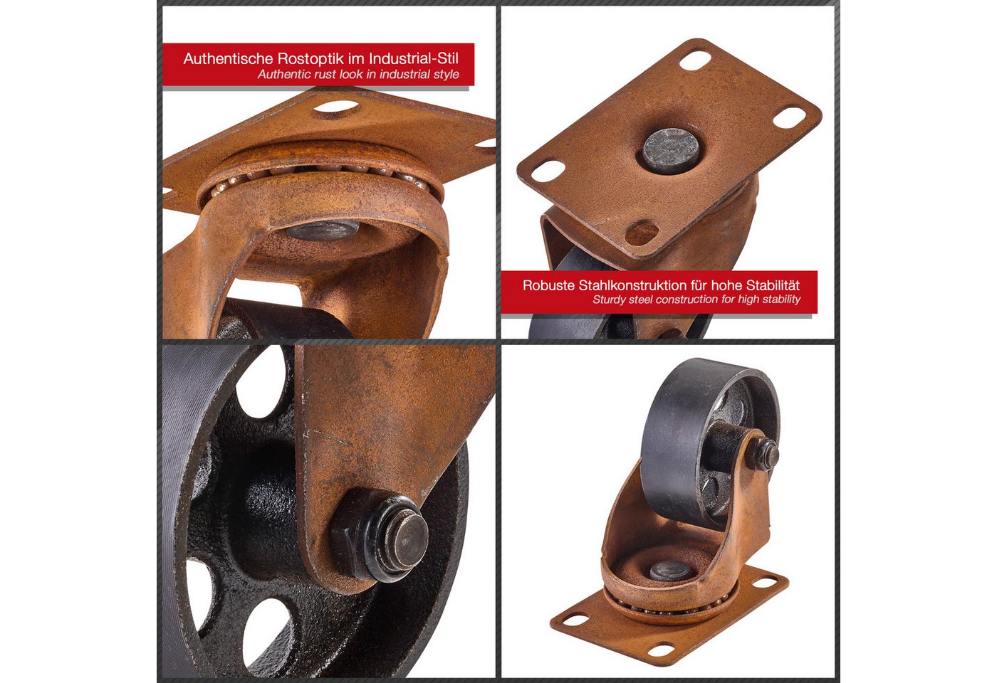 SO-TECH® Möbelrolle ROSTOCK Ø 70 mm Antik Rostoptik, 360° drehbar, ohne Bremse, (4-St., Spar-Set), Stahl, Höhe 97 mm, Breite 58 mm, bis 25 kg Tragkraft / Rolle – Bild 5 von 5